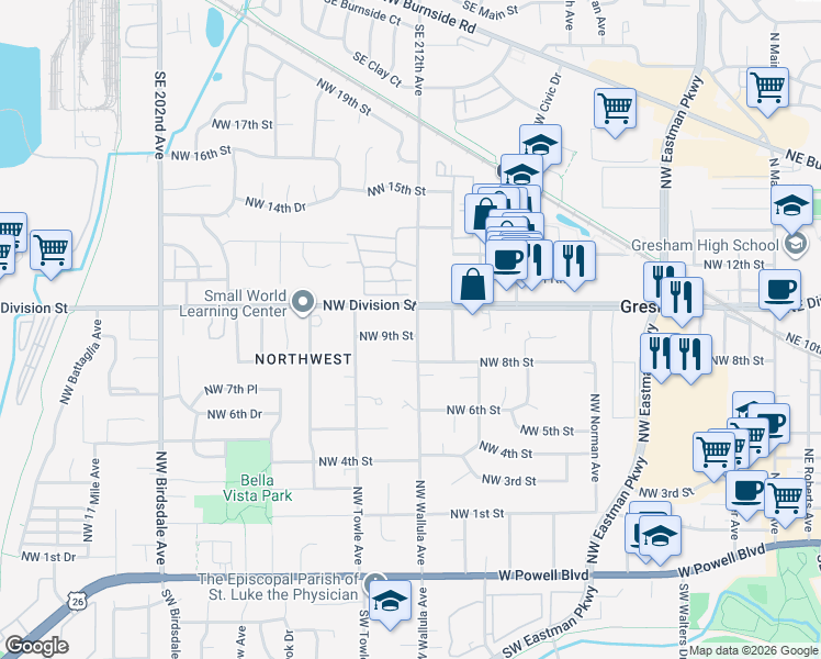 map of restaurants, bars, coffee shops, grocery stores, and more near 915 Northwest Wallula Avenue in Gresham