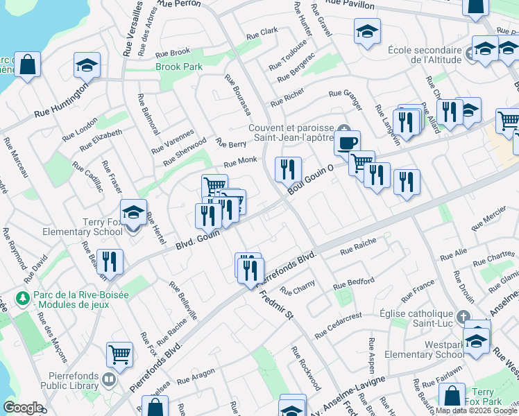 map of restaurants, bars, coffee shops, grocery stores, and more near 12789 Boulevard Gouin Ouest in Montréal