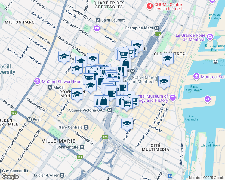map of restaurants, bars, coffee shops, grocery stores, and more near in Montreal