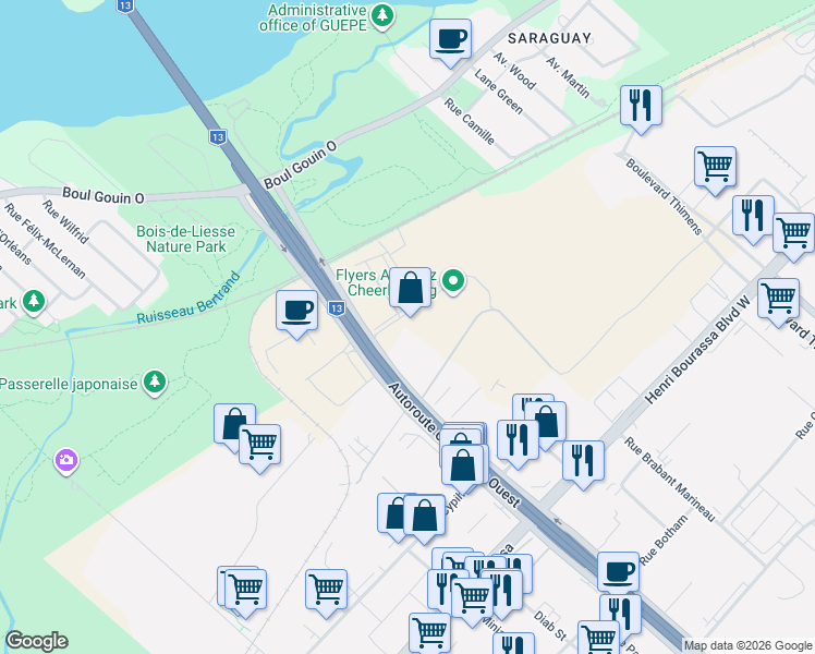 map of restaurants, bars, coffee shops, grocery stores, and more near 9283 Rue Thimens in Montréal