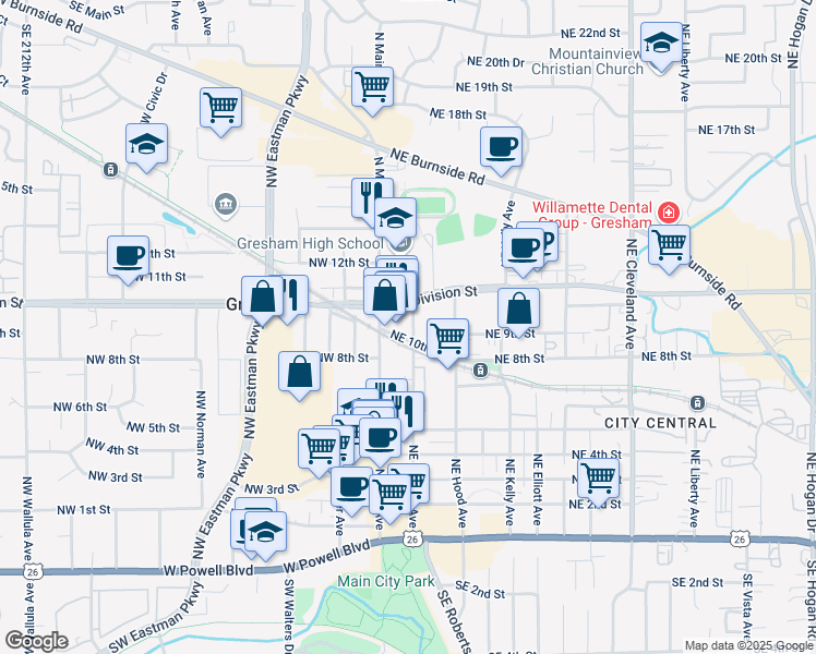 map of restaurants, bars, coffee shops, grocery stores, and more near 1015 Northeast Roberts Avenue in Gresham