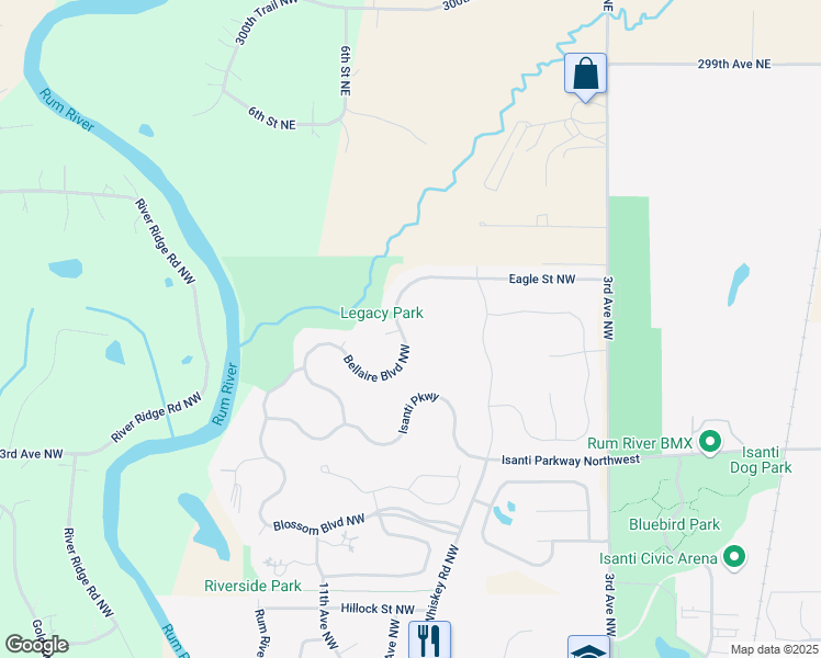 map of restaurants, bars, coffee shops, grocery stores, and more near 1066 Bellaire Boulevard Northwest in Isanti