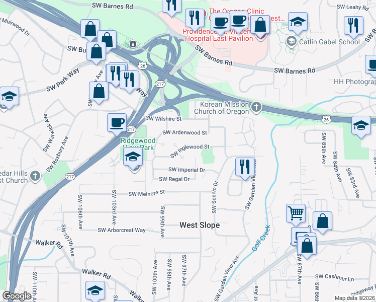 map of restaurants, bars, coffee shops, grocery stores, and more near 9650 Southwest Inglewood Street in Portland