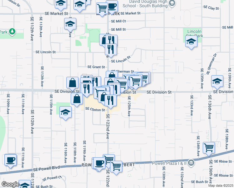 map of restaurants, bars, coffee shops, grocery stores, and more near 12300 Southeast Division Street in Portland