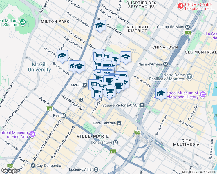 map of restaurants, bars, coffee shops, grocery stores, and more near 1205 Place Phillips in Montreal