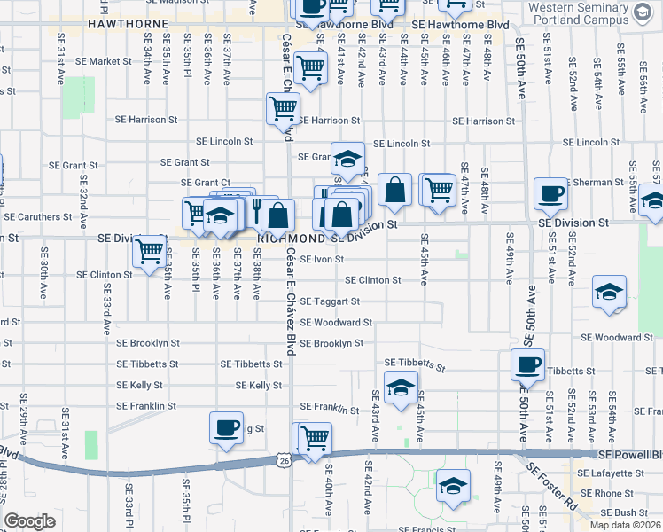 map of restaurants, bars, coffee shops, grocery stores, and more near 4030 Southeast Ivon Street in Portland