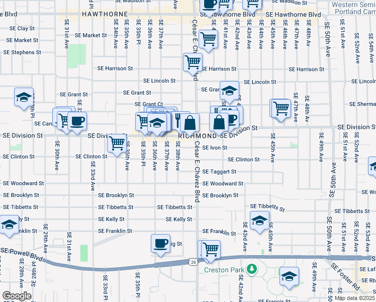map of restaurants, bars, coffee shops, grocery stores, and more near 3840 Southeast Ivon Street in Portland