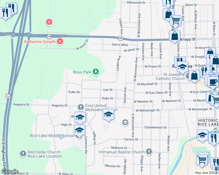 map of restaurants, bars, coffee shops, grocery stores, and more near 915 Lee Street in Rice Lake