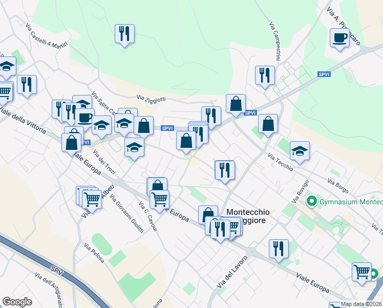 map of restaurants, bars, coffee shops, grocery stores, and more near 1 Vicolo Rosa d'Oro in Montecchio Maggiore