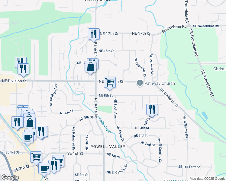 map of restaurants, bars, coffee shops, grocery stores, and more near 942 Northeast Scott Court in Gresham