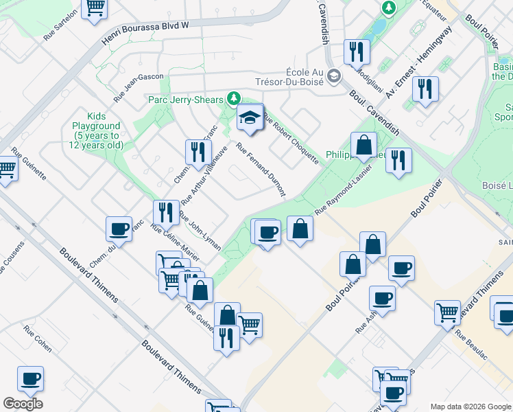 map of restaurants, bars, coffee shops, grocery stores, and more near 3875 Avenue Ernest - Hemingway in Montréal