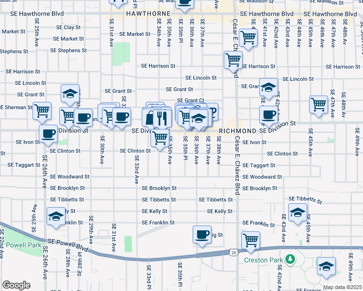 map of restaurants, bars, coffee shops, grocery stores, and more near in Portland