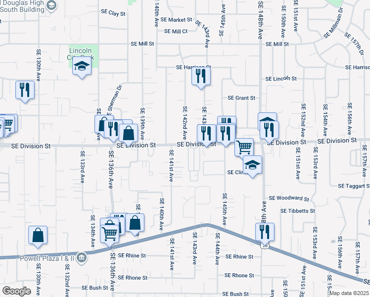 map of restaurants, bars, coffee shops, grocery stores, and more near 14154 Southeast Division Street in Portland