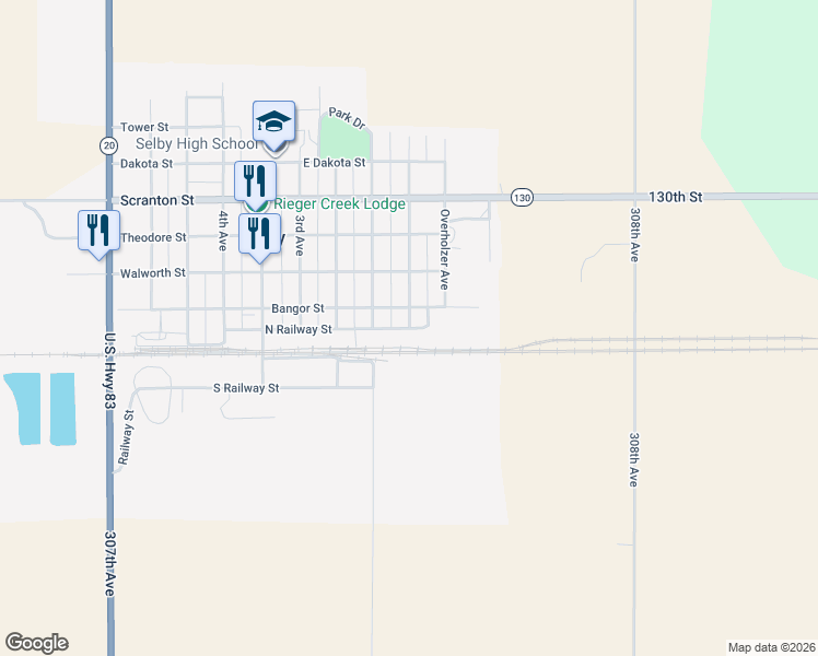 map of restaurants, bars, coffee shops, grocery stores, and more near North Railway Avenue in Selby