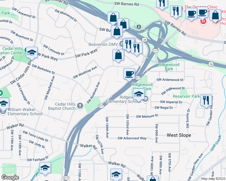 map of restaurants, bars, coffee shops, grocery stores, and more near 10480 Southwest Eastridge Street in Portland