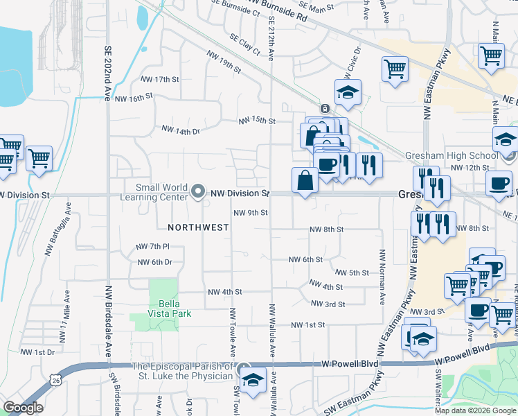 map of restaurants, bars, coffee shops, grocery stores, and more near 915 Northwest Wallula Avenue in Gresham