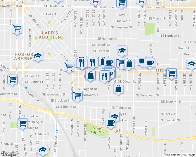 map of restaurants, bars, coffee shops, grocery stores, and more near 2406 Southeast Ivon Street in Portland