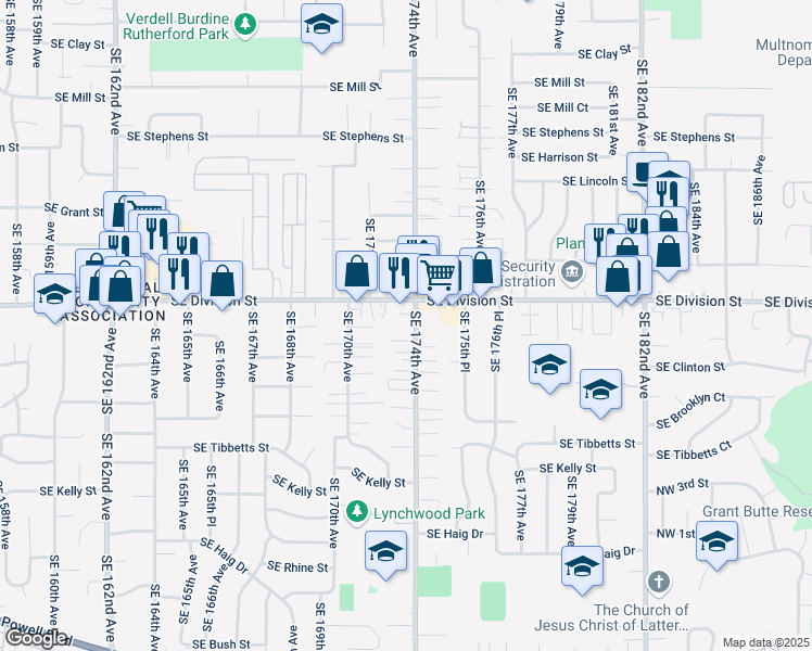 map of restaurants, bars, coffee shops, grocery stores, and more near 2547 Southeast 174th Avenue in Portland