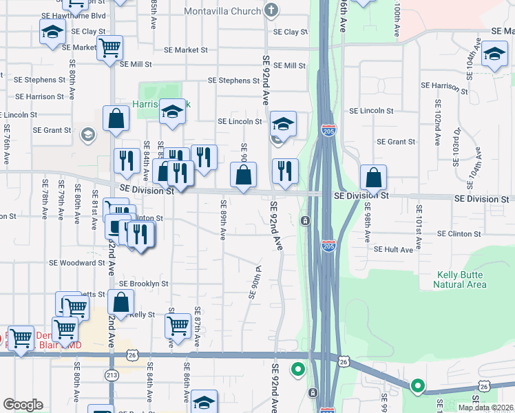 map of restaurants, bars, coffee shops, grocery stores, and more near 9026 Southeast Division Street in Portland