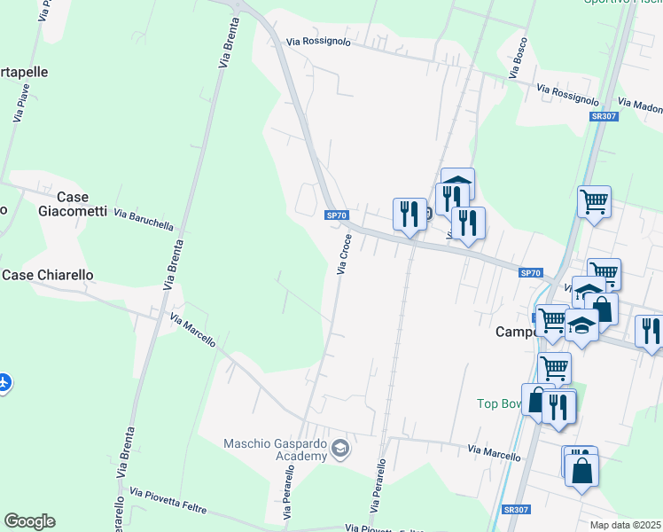 map of restaurants, bars, coffee shops, grocery stores, and more near 45 Via Croce in Campodarsego