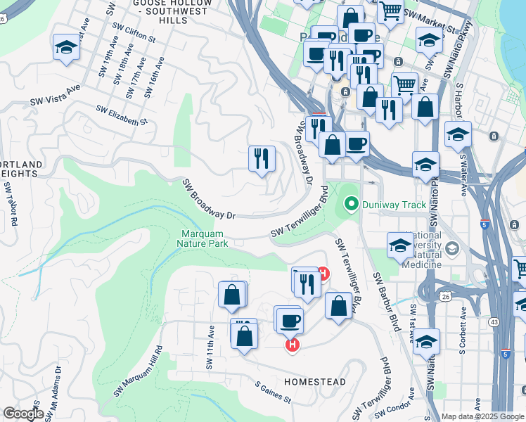 map of restaurants, bars, coffee shops, grocery stores, and more near 855 Southwest 9th Avenue in Portland