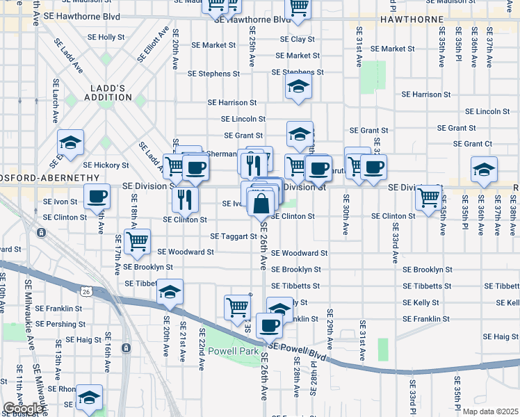 map of restaurants, bars, coffee shops, grocery stores, and more near 2520 Southeast Ivon Street in Portland