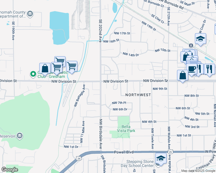 map of restaurants, bars, coffee shops, grocery stores, and more near 940 Northwest Wonderview Court in Gresham
