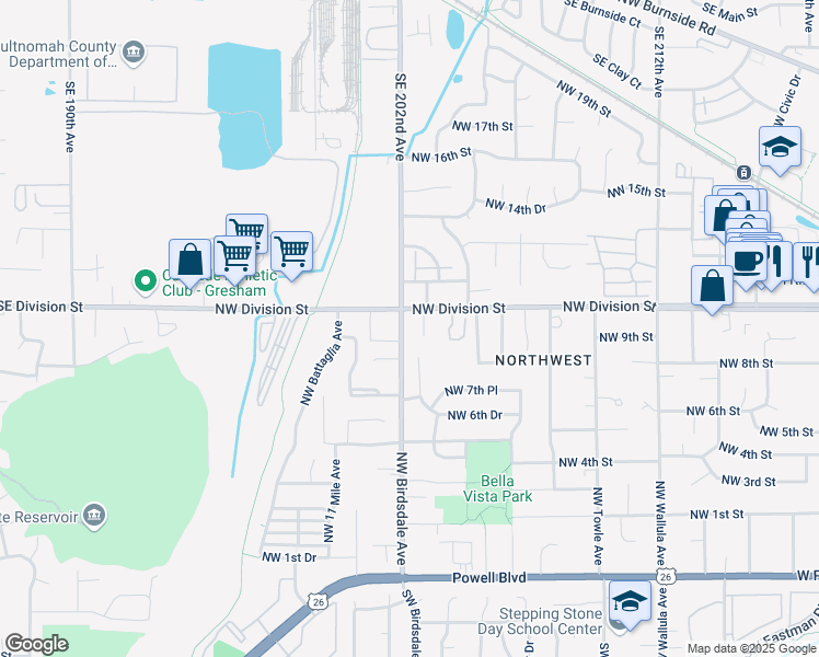 map of restaurants, bars, coffee shops, grocery stores, and more near 940 Northwest Wonderview Court in Gresham