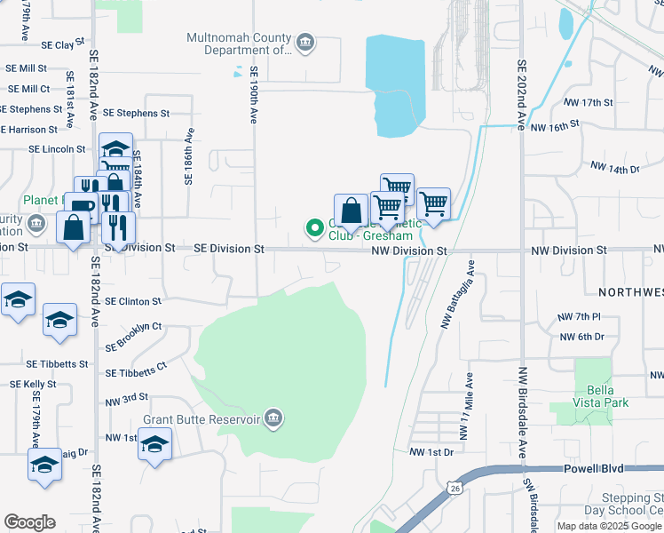 map of restaurants, bars, coffee shops, grocery stores, and more near 3180 Northwest Division Street in Gresham