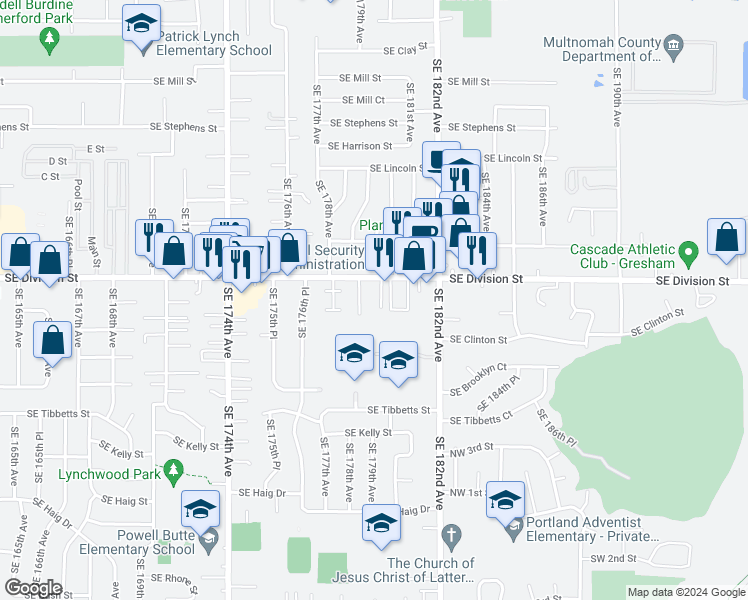 map of restaurants, bars, coffee shops, grocery stores, and more near 17960 Southeast Division Street in Portland