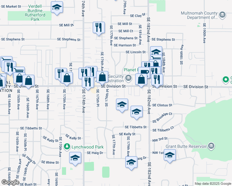 map of restaurants, bars, coffee shops, grocery stores, and more near 2541 Southeast 179th Avenue in Portland