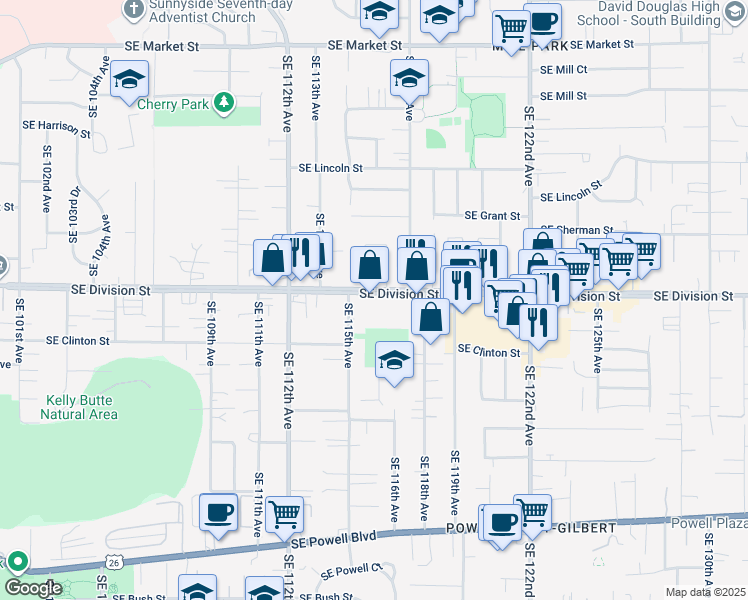 map of restaurants, bars, coffee shops, grocery stores, and more near 11612-11622 Southeast Division Street in Portland