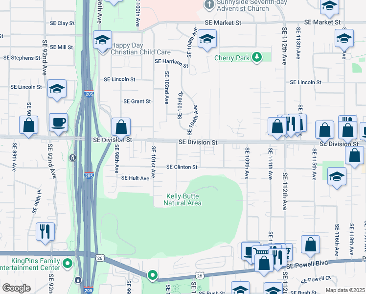 map of restaurants, bars, coffee shops, grocery stores, and more near 2516 Southeast 103rd Avenue in Portland