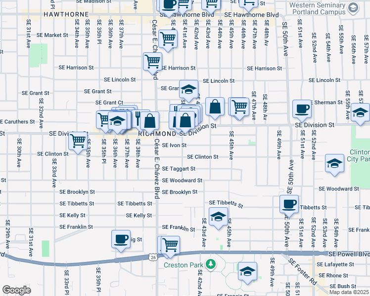 map of restaurants, bars, coffee shops, grocery stores, and more near in Portland