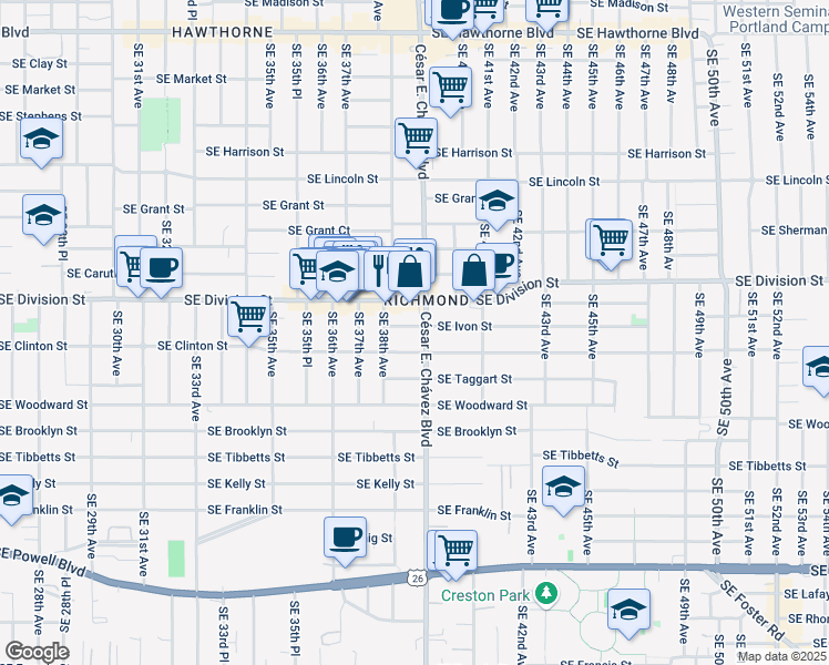 map of restaurants, bars, coffee shops, grocery stores, and more near 3840 Southeast Ivon Street in Portland