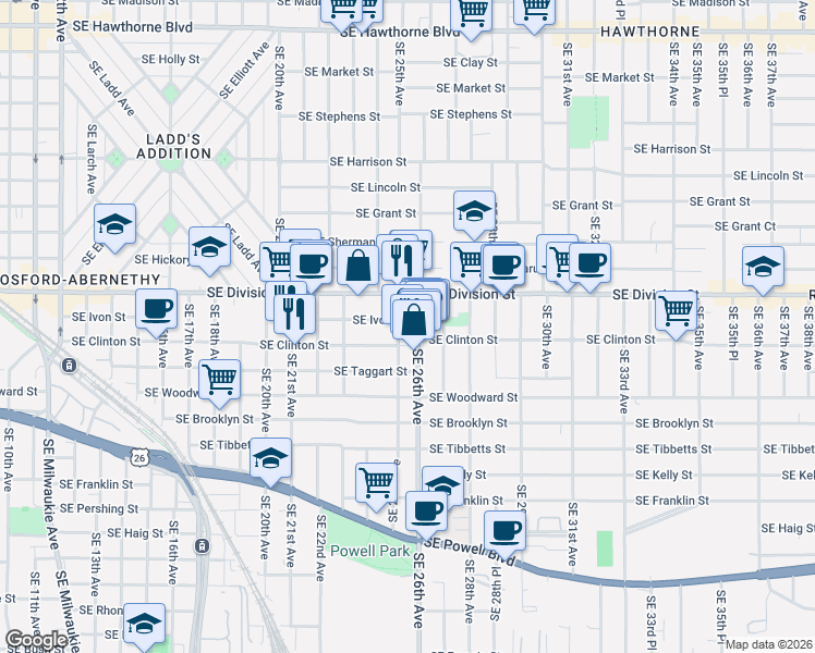map of restaurants, bars, coffee shops, grocery stores, and more near in Portland