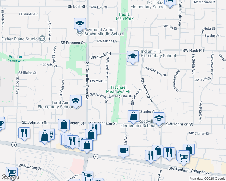 map of restaurants, bars, coffee shops, grocery stores, and more near 21532 Southwest Peggy Court in Aloha