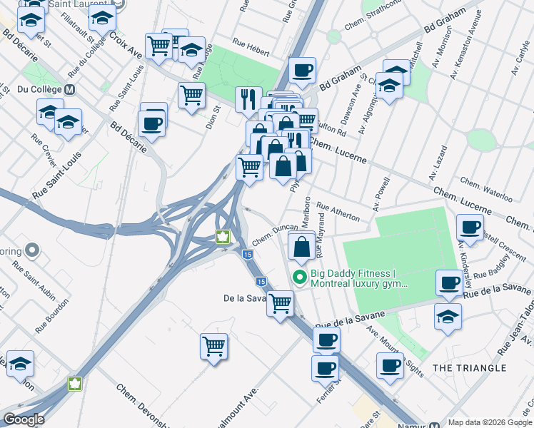 map of restaurants, bars, coffee shops, grocery stores, and more near 2335 Manella Road in Montreal