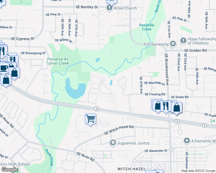 map of restaurants, bars, coffee shops, grocery stores, and more near 2065 Southeast 44th Avenue in Hillsboro