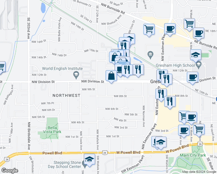 map of restaurants, bars, coffee shops, grocery stores, and more near 990 Northwest Florence Avenue in Gresham