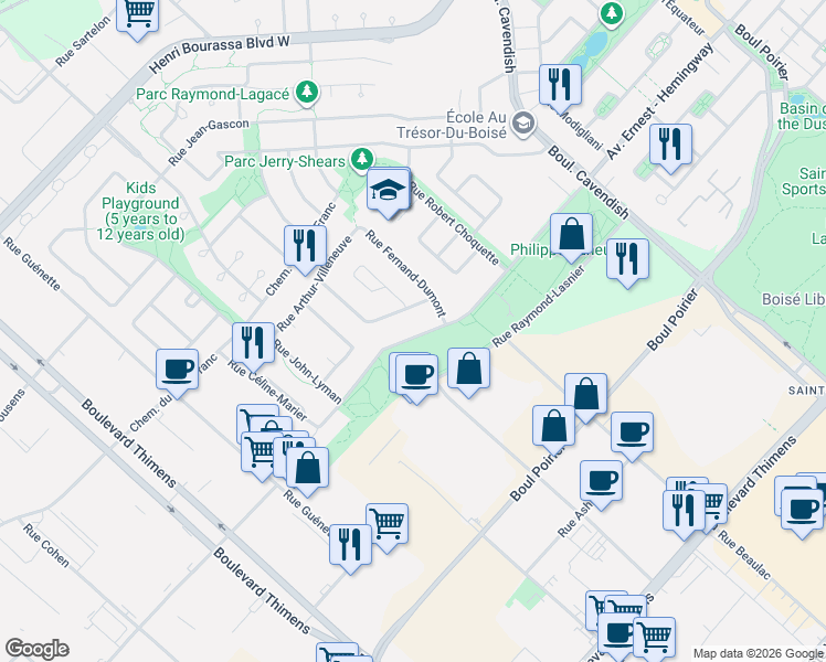 map of restaurants, bars, coffee shops, grocery stores, and more near 3805 Avenue Ernest - Hemingway in Montréal