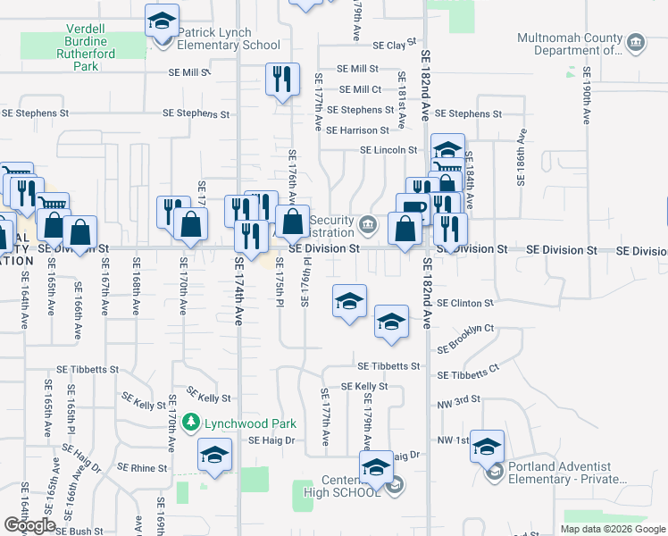 map of restaurants, bars, coffee shops, grocery stores, and more near 2541 Southeast 179th Avenue in Portland