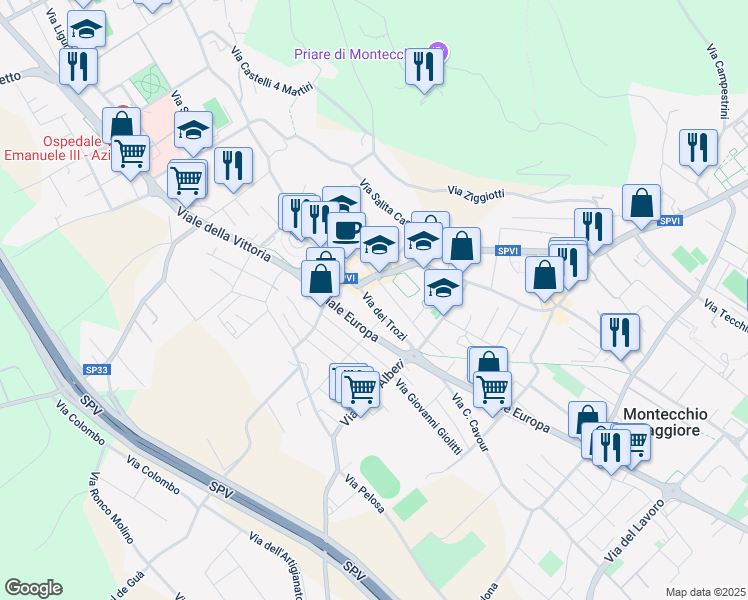map of restaurants, bars, coffee shops, grocery stores, and more near 3 Via dei Trozi in Montecchio Maggiore