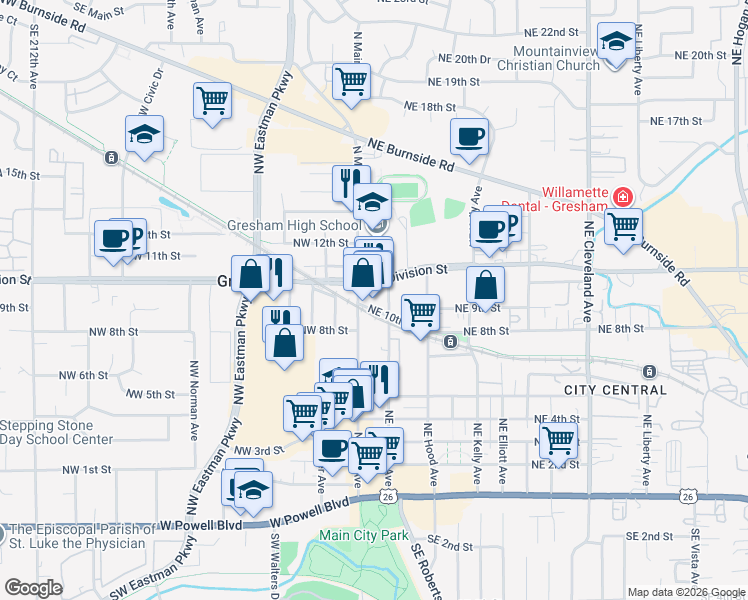 map of restaurants, bars, coffee shops, grocery stores, and more near 1015 Northeast Roberts Avenue in Gresham