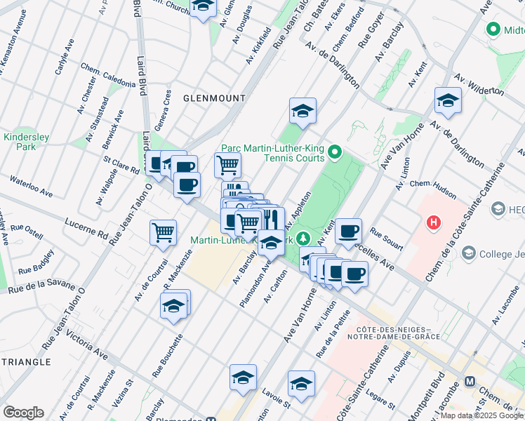 map of restaurants, bars, coffee shops, grocery stores, and more near 3380 Rue Goyer in Montréal