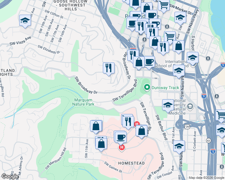 map of restaurants, bars, coffee shops, grocery stores, and more near 855 Southwest 9th Avenue in Portland
