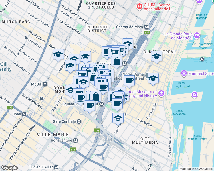 map of restaurants, bars, coffee shops, grocery stores, and more near 1020 Rue de Bleury in Montréal