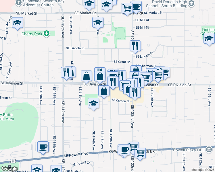 map of restaurants, bars, coffee shops, grocery stores, and more near 11838 Southeast Division Street in Portland
