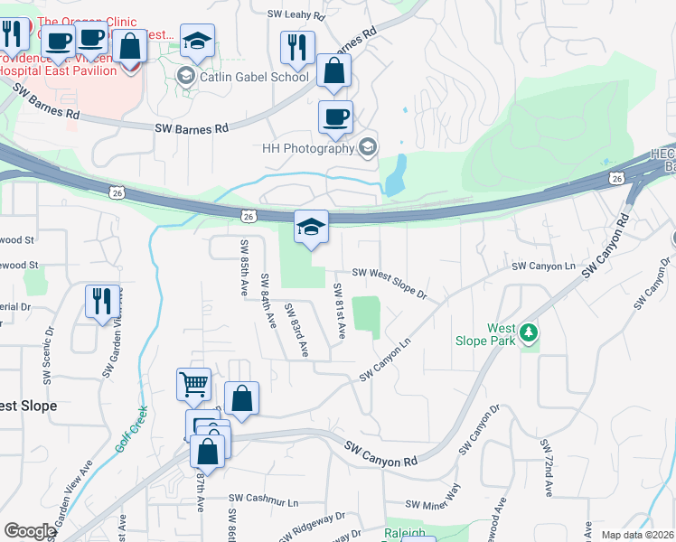 map of restaurants, bars, coffee shops, grocery stores, and more near 8111 Southwest West Slope Drive in Portland