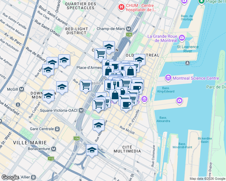 map of restaurants, bars, coffee shops, grocery stores, and more near 221 Rue Saint-Jacques in Montréal